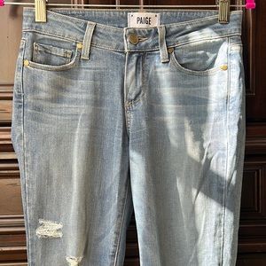 Paige size 26 distressed mid rise ankle skinny jeans.